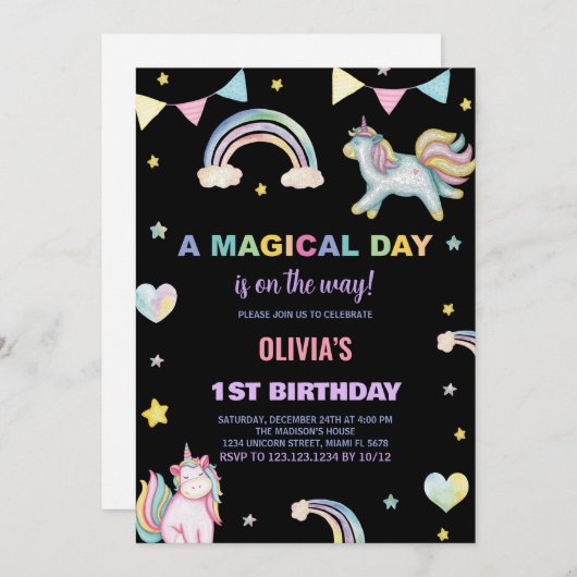 Rainbows Unicorn Invitations d'anniversaire (Devant / Derrière)