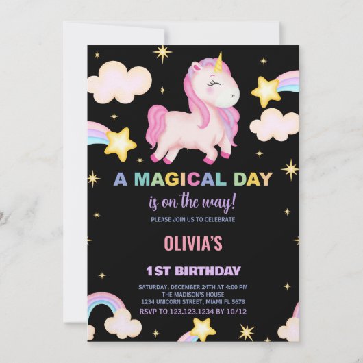 Rainbows Unicorn Invitations d'anniversaire (Devant)