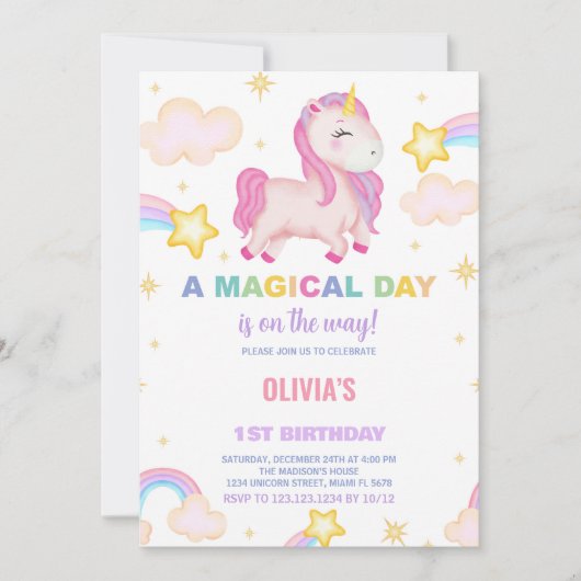Rainbows Unicorn Invitations d'anniversaire (Devant)