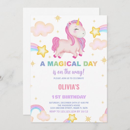 Rainbows Unicorn Invitations d'anniversaire (Devant / Derrière)