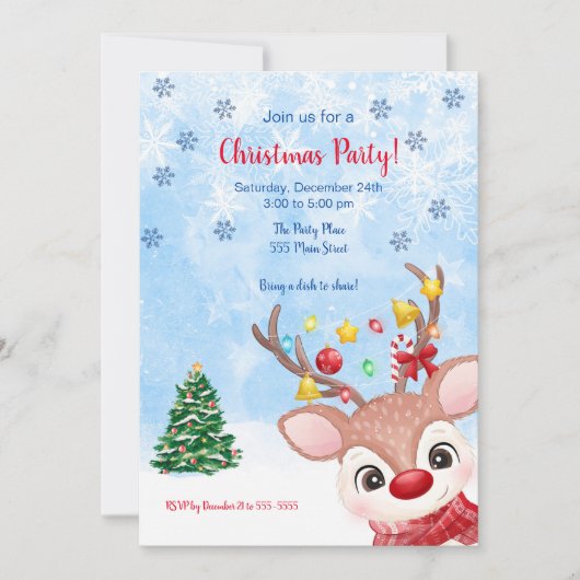 Raindeer watercolor invitation de fête de Noël (Devant)