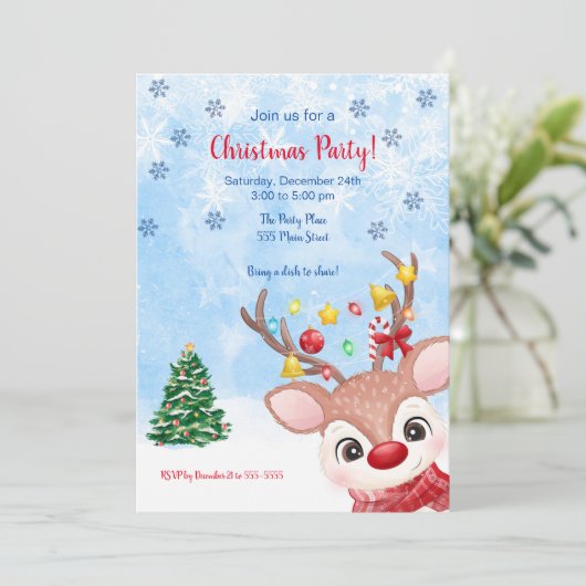 Raindeer watercolor invitation de fête de Noël (Debout devant)