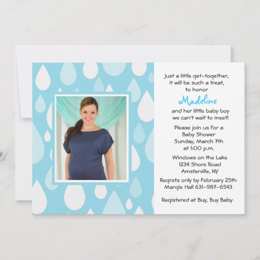 Raindrops Blue Photo Baby shower Invitation Kaart (Voorkant)
