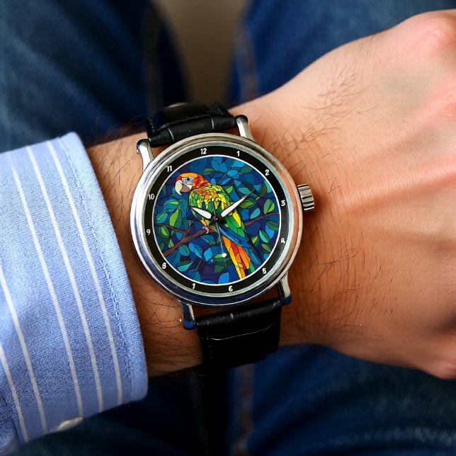 Rainforest Radiance" - Stained Glass Parrot Wall  Horloge (Creator heeft geüpload)
