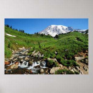 Rainier monteren, waterval, met sneeuw bedekt poster
