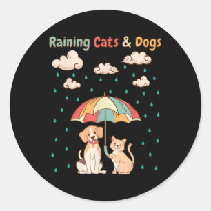 Raining Cats and Dogs Idiom _ Schattige Kat Puppy  Ronde Sticker