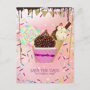 Raining Sprinkles Snoep Land Sweets Save the Date Aankondigingskaart