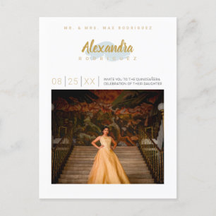 Rainy Day Blue en Gold Photo Quinceanera Uitnodiging Briefkaart