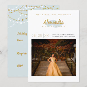 Rainy Day Blue & Gold Photo Quinceanera Kaart