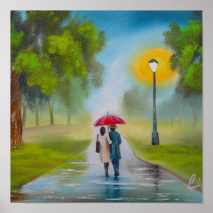 RAINY DAY COUPLE UMBRELLA PAINTING POSTER