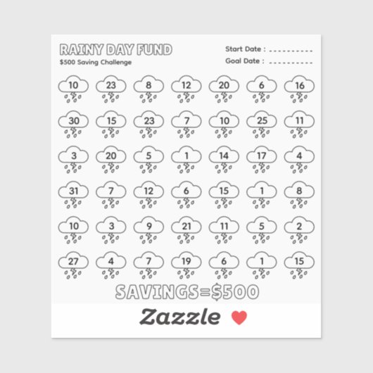 Rainy Day Fund 500$ Besparingen Challenge Budget P Sticker (Vel)