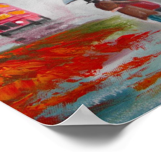 Rainy day red bus paraplu schilderij poster (Hoek)