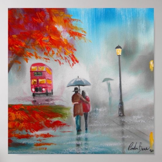 Rainy day red bus paraplu schilderij poster (Voorkant)
