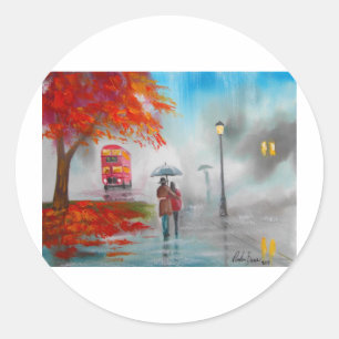 Rainy day red bus paraplu schilderij ronde sticker