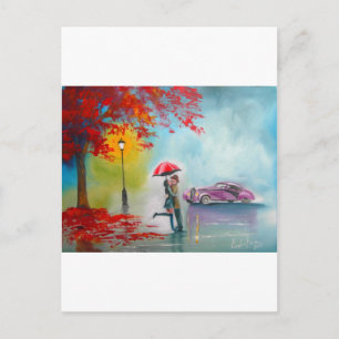 RAINY DAY RED UMBRELLA ROMANTIC COUPLE BRIEFKAART