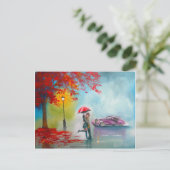 RAINY DAY RED UMBRELLA ROMANTIC COUPLE BRIEFKAART (Staand voorkant)