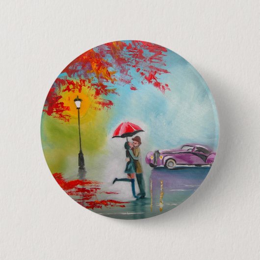 RAINY DAY RED UMBRELLA ROMANTIC COUPLE RONDE BUTTON 5,7 CM (Voorkant)