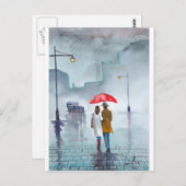 Rainy day romantic koppel rode paraplu schilderij briefkaart (Voorkant / Achterkant)