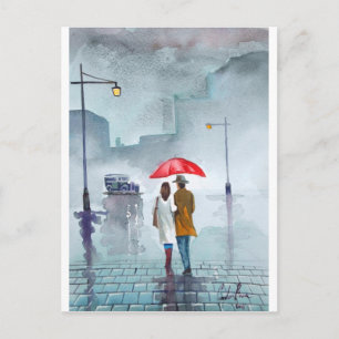 Rainy day romantic koppel rode paraplu schilderij briefkaart