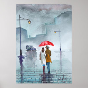 Rainy day romantic koppel rode paraplu schilderij poster
