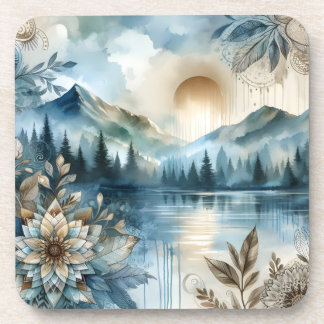 Rainy Day Waterverf Mountain Lake Rustic Boho Bier Onderzetter