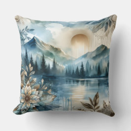 Rainy Day Waterverf Mountain Lake Rustic Boho Kussen