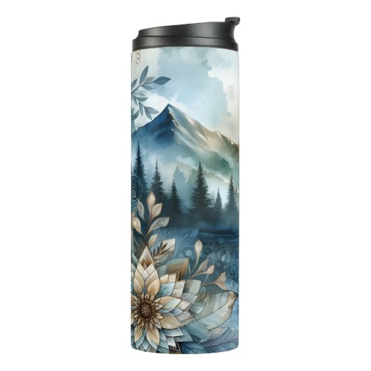 Rainy Day Waterverf Mountain Lake Rustic Boho Thermosbeker (Gedraaid links)