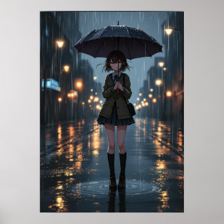 Rainy Night Anime Girl met paraplu Poster