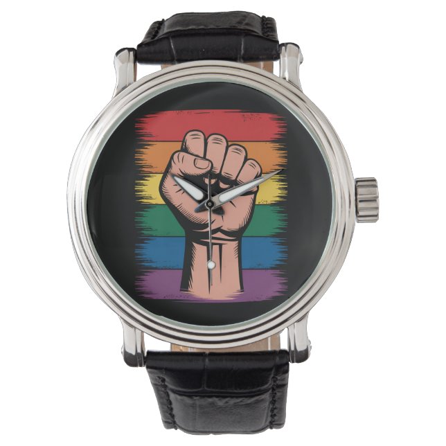 Raised First Pride Rainbow LGBTQ-ondersteuningsrec Horloge (Voorkant)