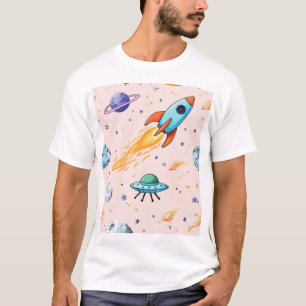 Raket- en UFO-ruimtepatroon Planeten, sterren en T-shirt