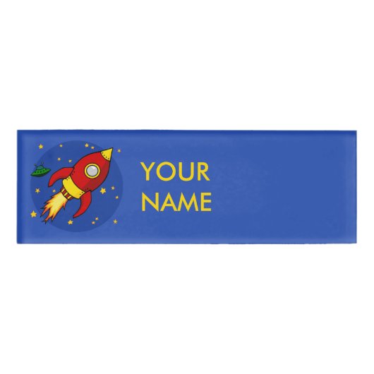 Raketlabel met rode naam naambadge (Voorkant)