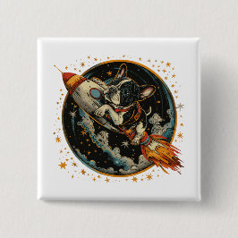 Raketschip Franse Bulldog Astronaut Vierkante Button 5,1 Cm