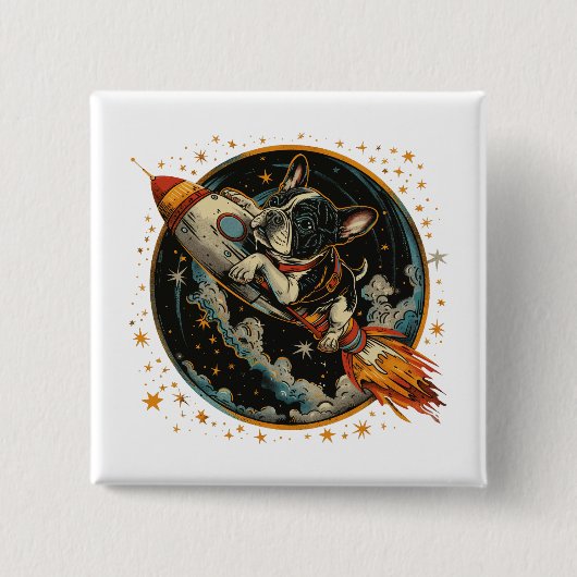 Raketschip Franse Bulldog Astronaut Vierkante Button 5,1 Cm (Voorkant)