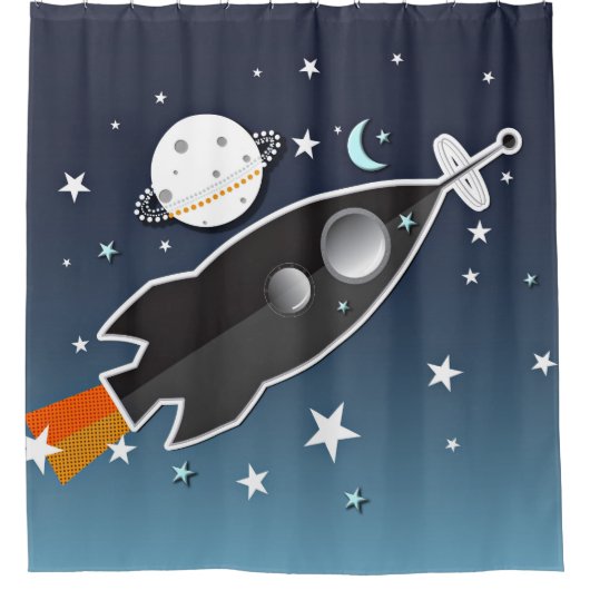 Raketschip Ruimteschip Blauw en Sinaasappel grilli Douchegordijn (Voorkant)