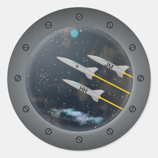 Raketten door de patrijspoort van het ruimteschip ronde sticker (Voorkant)