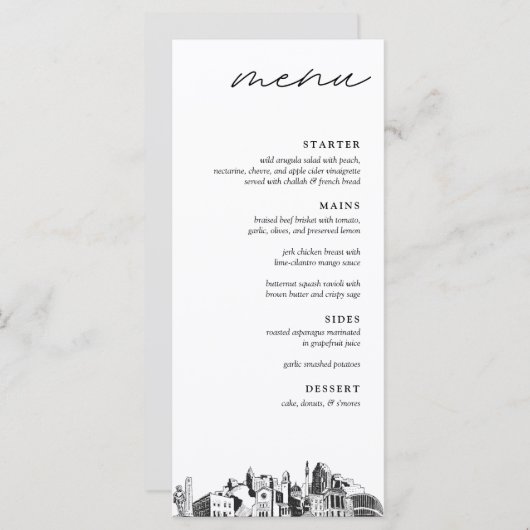 Raleigh Skyline Modern Mariage Dinner Menu (Devant / Derrière)