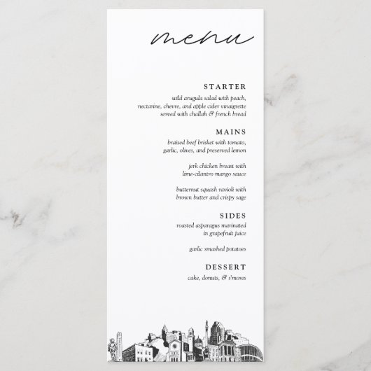 Raleigh Skyline Modern Mariage Dinner Menu (Devant)