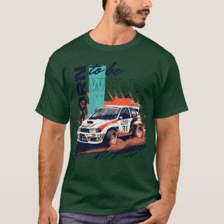 Rallycompetitieauto in een race die stof opjaagt g t-shirt