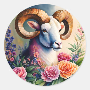 Ram Bloemen Dierenkunst Ronde Sticker