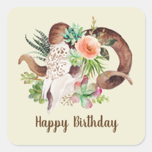 Ram Skull en Succulents Birthday Vierkante Sticker