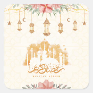 Ramadan Kareem Bloemen Waterverf Lantaarns Vierkante Sticker