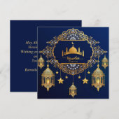 Ramadan Mubarak Gold Mosque Islamic Lantern Blue Feestdagenkaart (Voorkant / Achterkant)