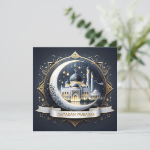 Ramadan Mubarak Moskee in goud en marineblauw Feestdagenkaart
