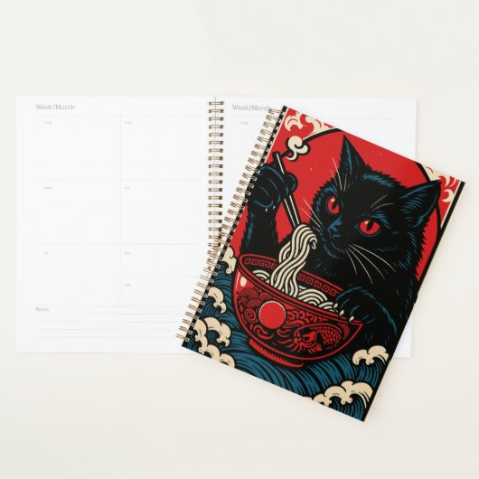Ramen Cat Planner Japanese Ukiyo-e Black Cat Anime (Devant avec enveloppe)