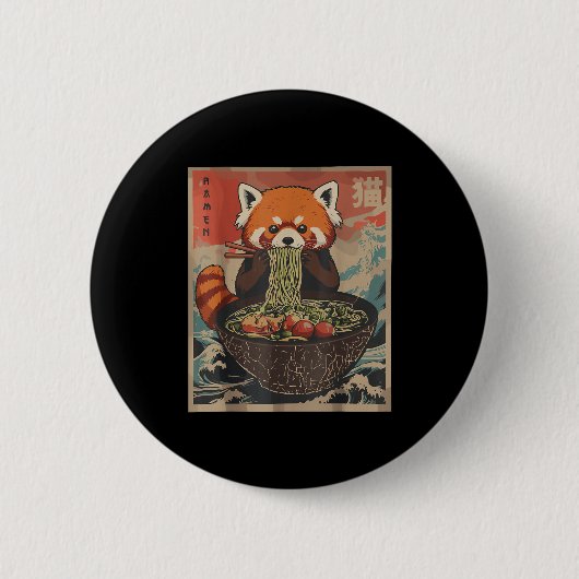 Ramen Japanese Graphic Tees Red Panda Anime Shirts Ronde Button 5,7 Cm (Voorkant)