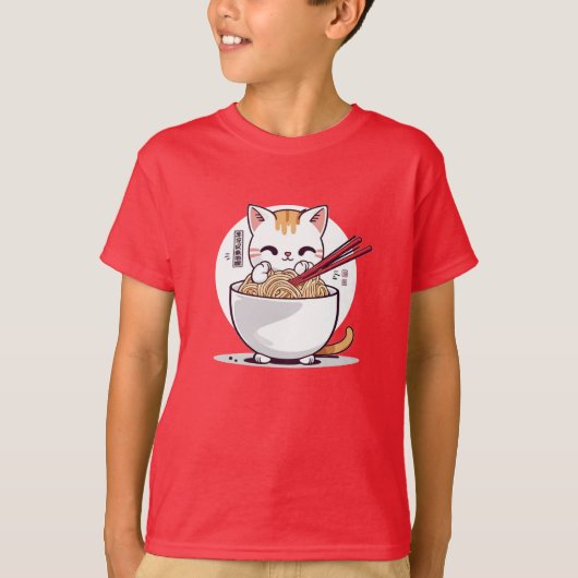 Ramen Kat Eating Noedels Design T-shirt (Voorkant)
