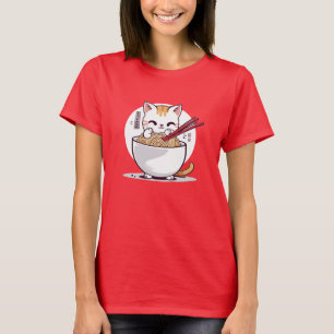 Ramen Kat Eating Noedels Design T-shirt