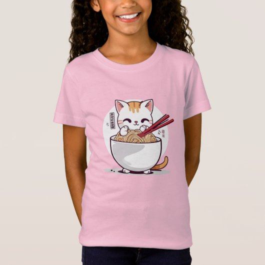 Ramen Kat Eating Noedels Design T-shirt (Voorkant)