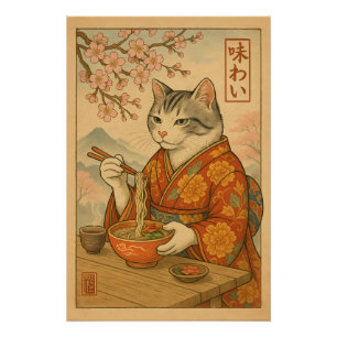 Ramen Kat - Japanse Stijl Kat Genietend van Noedel Perfect Poster