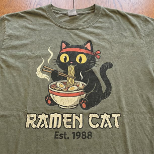 Ramen Kat Vintage Grappige Japanse Noedels Zwarte T-shirt